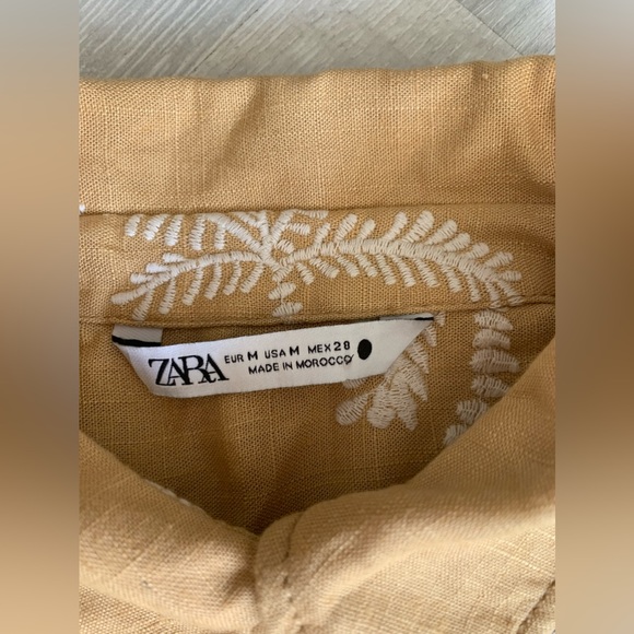 Zara Cropped Linen Blend Mustard Shirt With Embroidered Palm Trees  Size US M - Picture 6 of 7